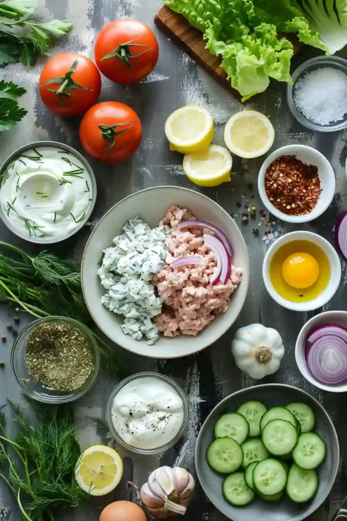 Mediterranean-style chicken burger with yogurt cucumber tzatziki sauce, lettuce, tomato, and onion.