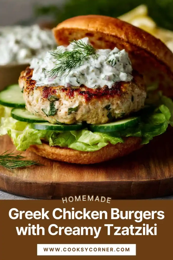 Greek chicken burgers served with creamy tzatziki sauce, lettuce, tomato, and red onion. The burgers are juicy and topped with a fresh Mediterranean yogurt sauce.