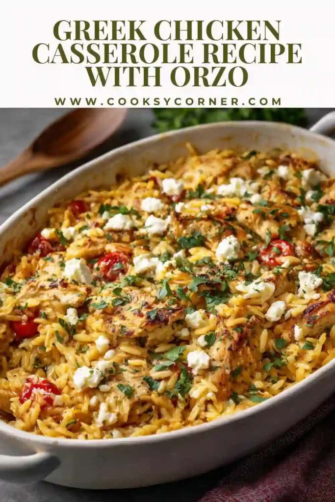 Mediterranean chicken orzo casserole topped with feta and fresh parsley.