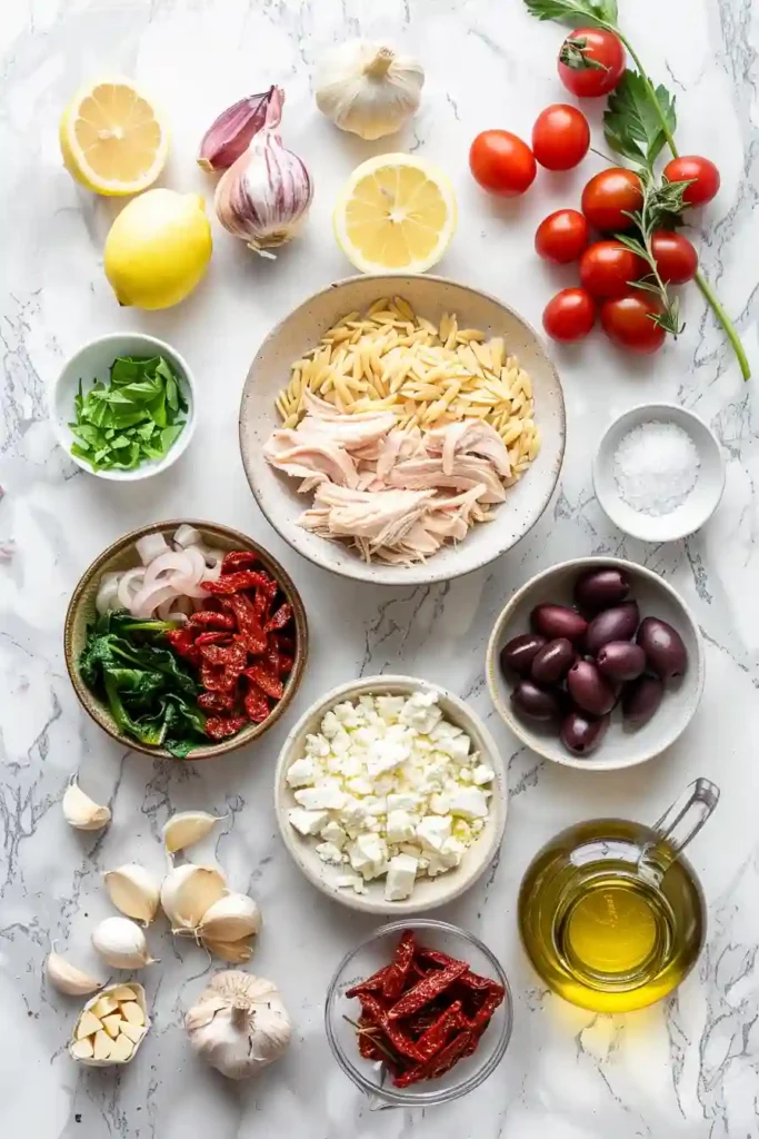 Homemade Greek chicken casserole served with lemon and herbs.