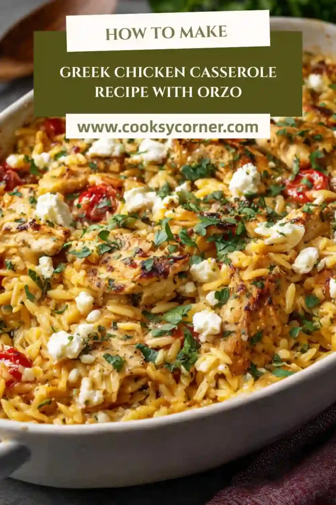 Greek chicken casserole with orzo, feta cheese, spinach, and sun-dried tomatoes baked in a casserole dish.