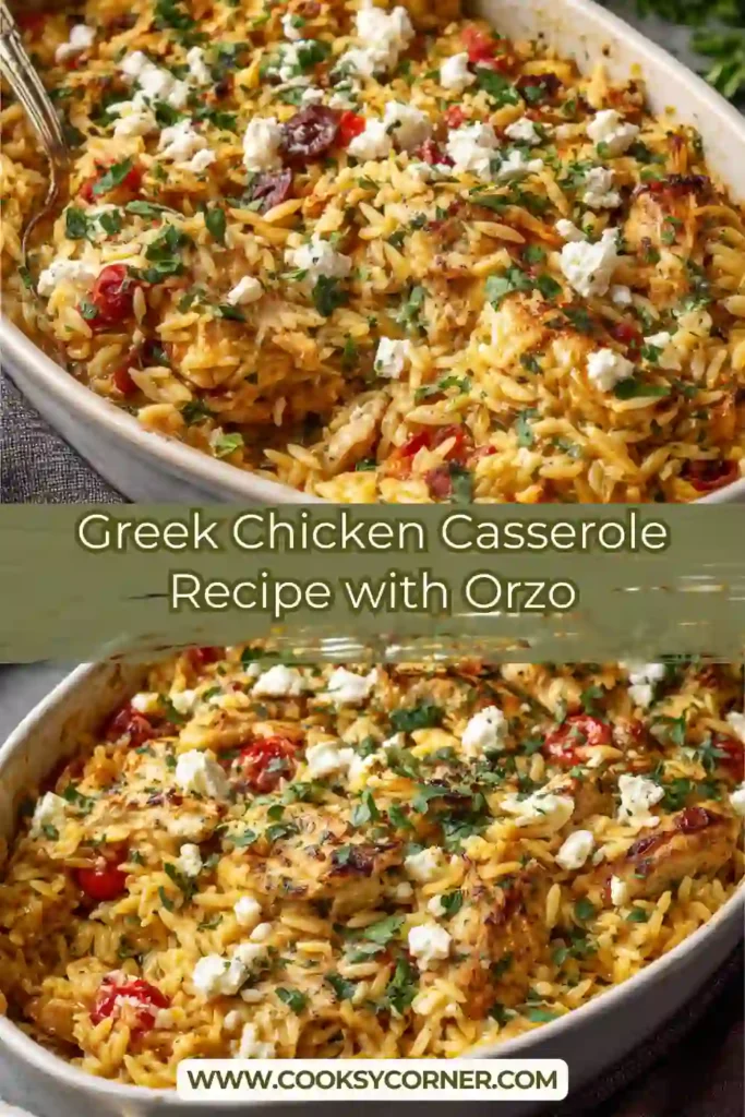 Baked chicken orzo casserole with spinach, feta cheese, and olives.