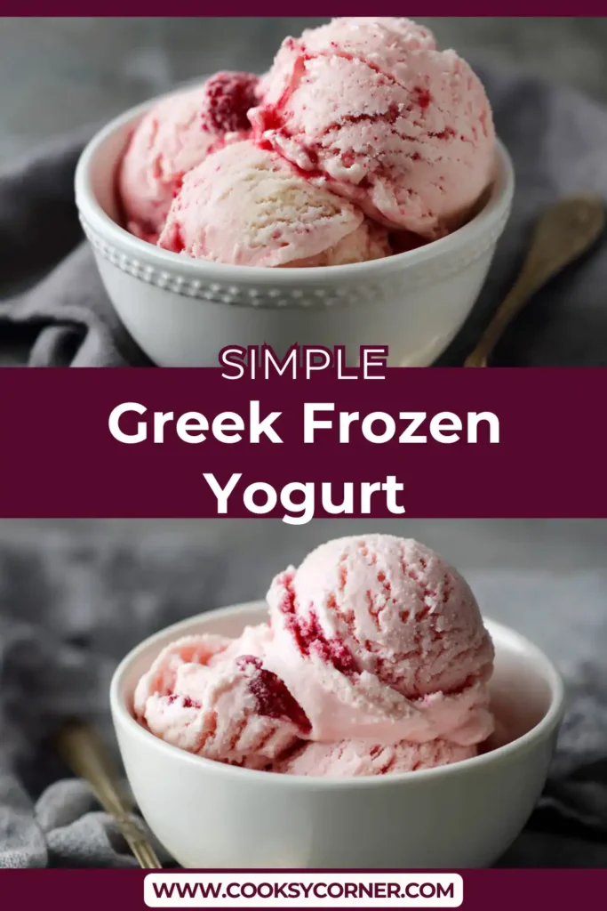 Homemade Greek frozen yogurt made with strawberries and yogurt in a bowl with fresh berries on top.