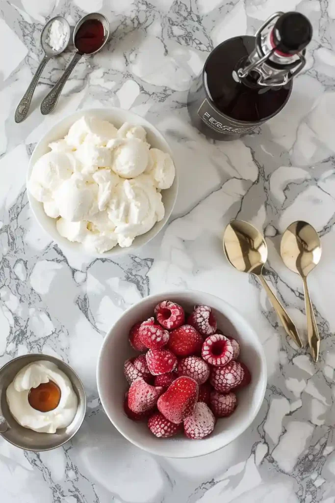 Smooth Greek yogurt frozen dessert topped with fresh strawberries.