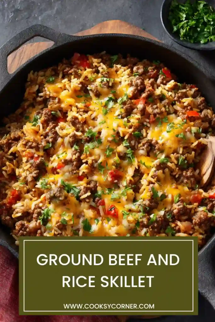 One pan ground beef and rice cooked with tomatoes and spices, finished with melted cheese and fresh herbs.