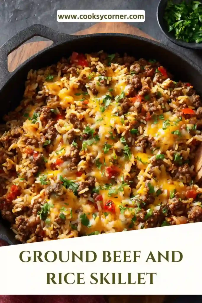 Close-up of cheesy ground beef and rice skillet topped with parsley, showing rich texture and hearty ingredients.
