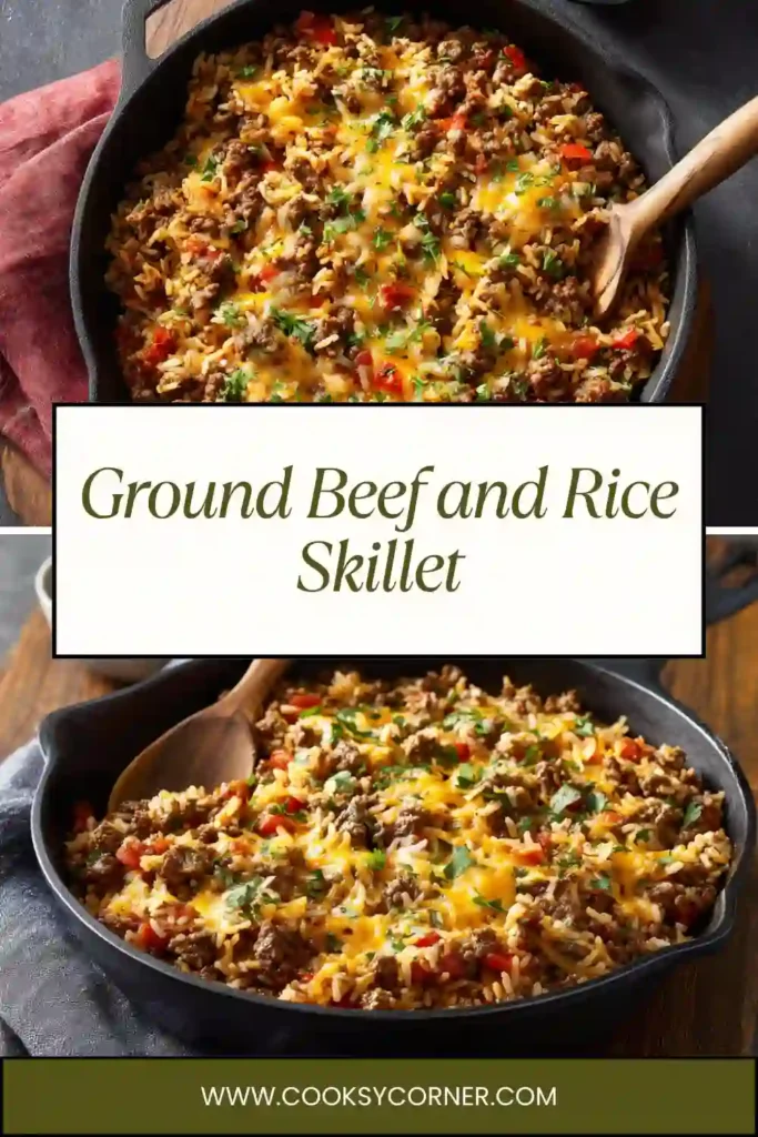 Ground Beef and Rice Skillet with melted cheese, tender rice, and seasoned beef in a large pan. Perfect one-pan dinner for families.