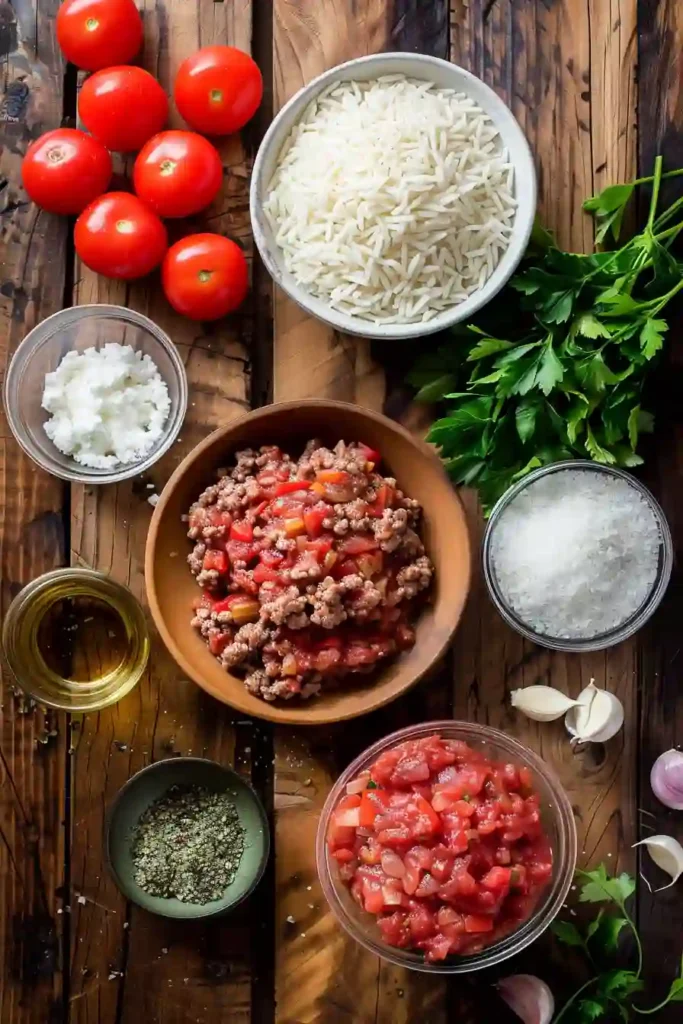 Hearty skillet meal with ground beef, fluffy rice, and vegetables topped with melted cheese and parsley garnish.