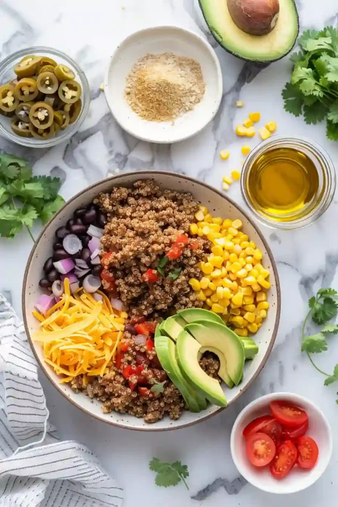 One pan ground turkey taco quinoa bowl with fresh toppings.