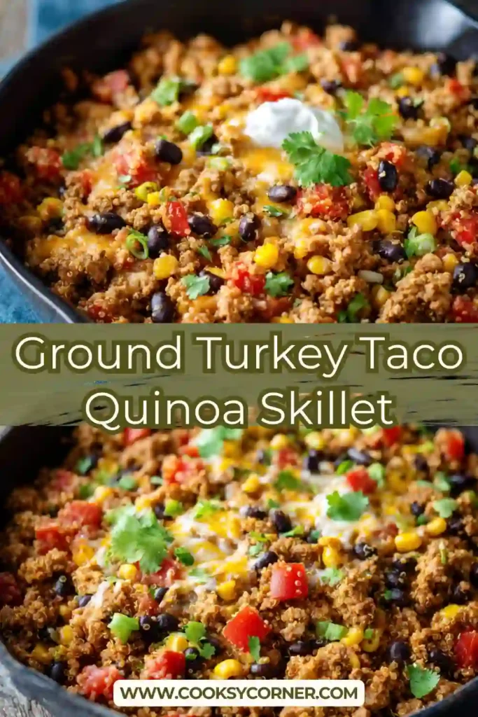 Healthy turkey quinoa skillet with black beans, corn, and tomatoes.