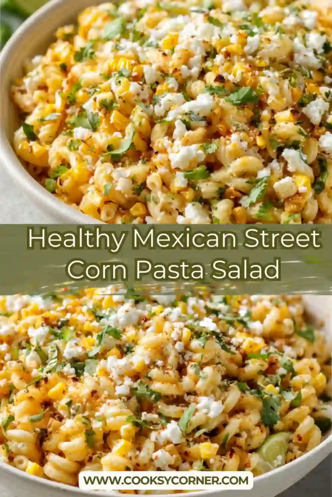 Bright bowl of healthy Mexican corn pasta salad with lime wedges and fresh herbs.