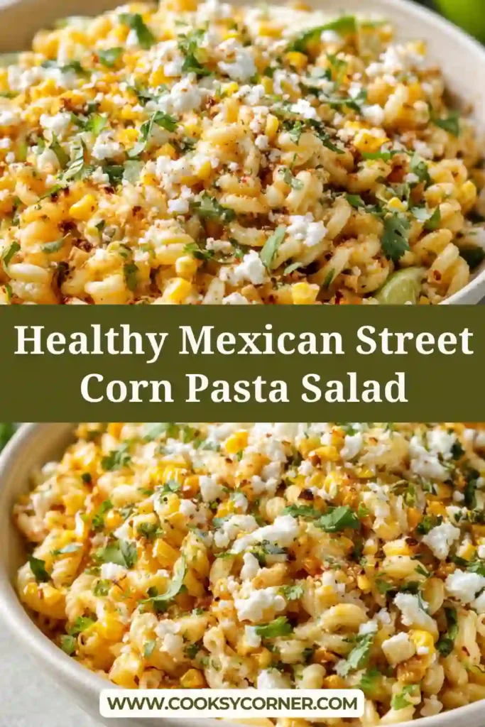 Close-up of creamy Mexican street corn pasta salad topped with cotija cheese, cilantro, and chili powder.