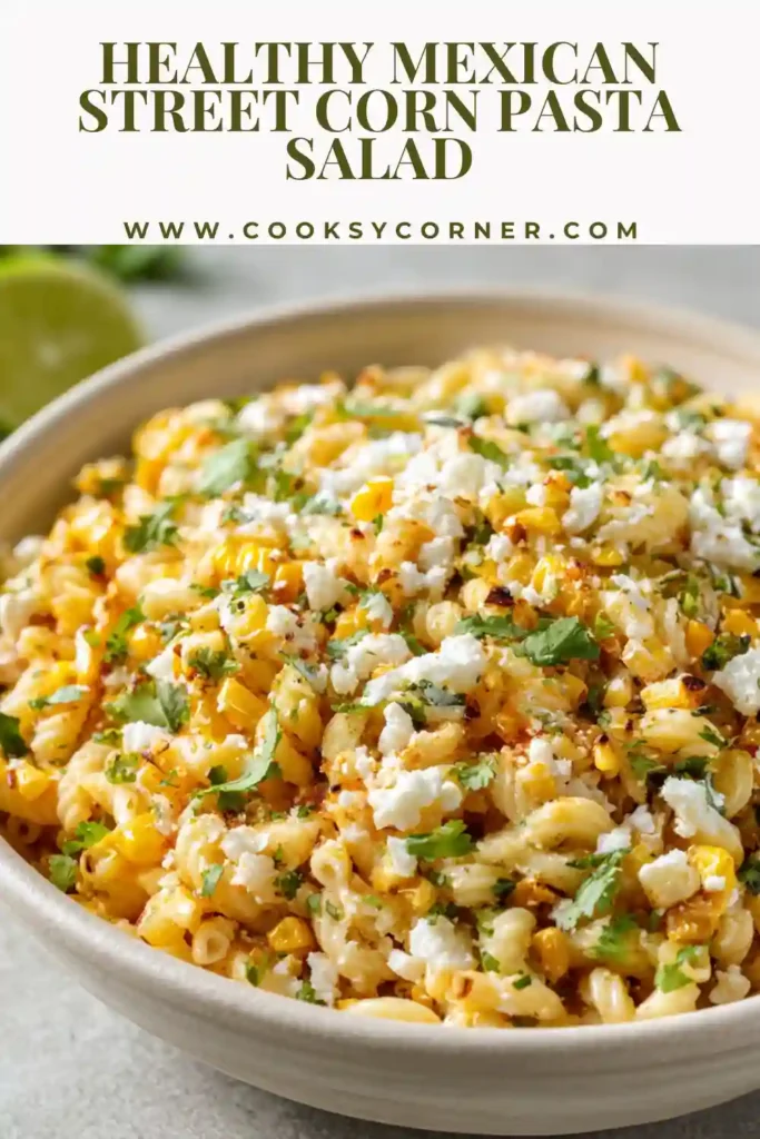 Healthy Mexican street corn pasta salad made with fusilli pasta, roasted corn, cotija cheese, cilantro, and creamy lime dressing in a large bowl.