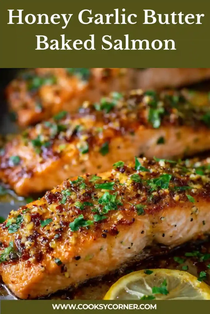 Oven baked salmon with golden edges, lemon wedges, and glossy garlic butter glaze.