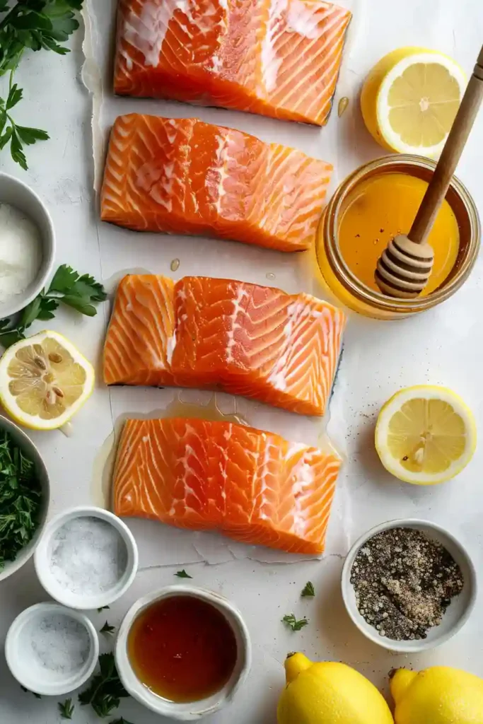 Tender salmon fillets coated in honey garlic sauce served with green vegetables.