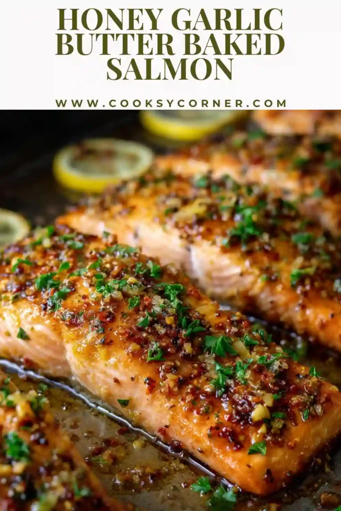 Close-up of flaky baked salmon glazed with honey garlic butter sauce and sprinkled with paprika.