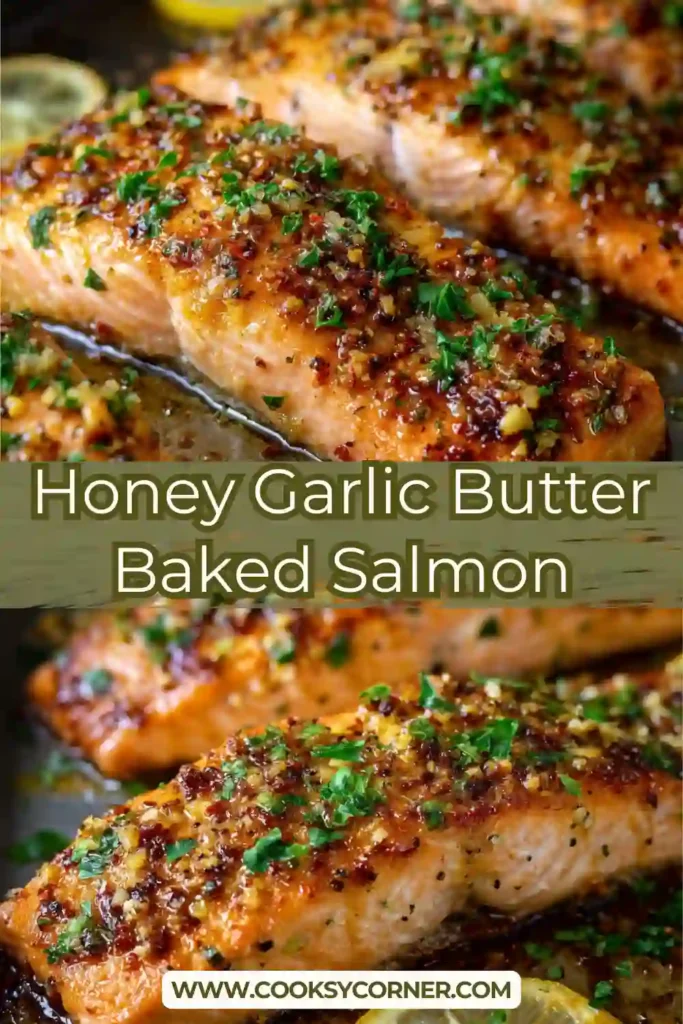 Honey garlic butter baked salmon fillets topped with lemon slices and fresh parsley on a baking tray.