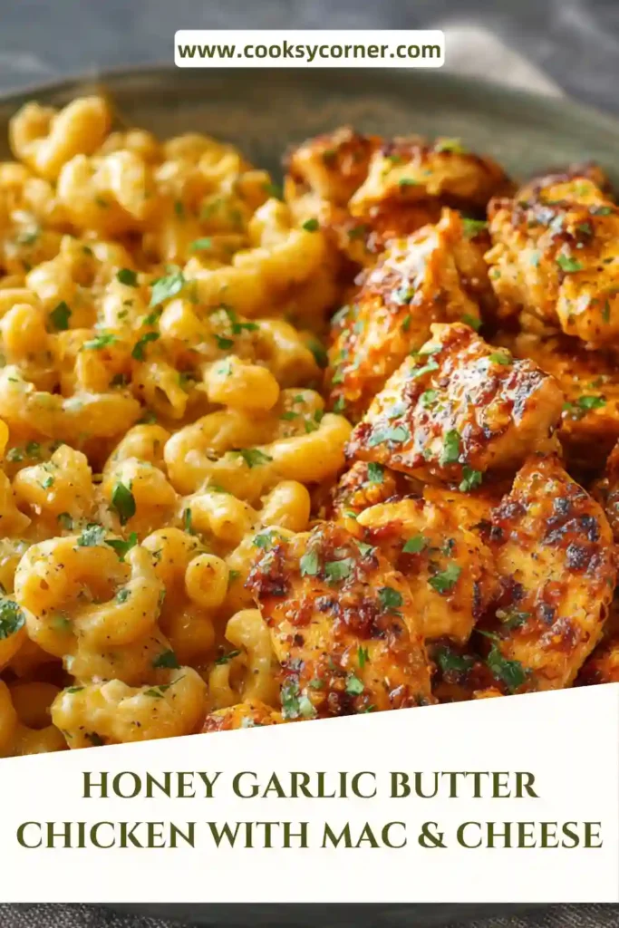 Close-up of honey garlic butter chicken over homemade mac and cheese.