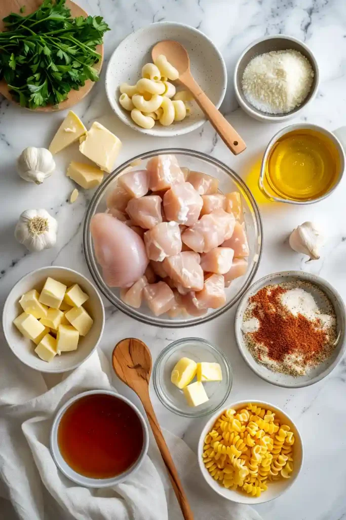 Creamy mac and cheese topped with glazed honey garlic chicken.