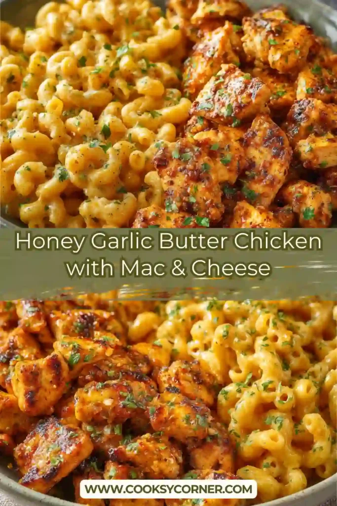 High protein honey garlic chicken with cheesy macaroni pasta.