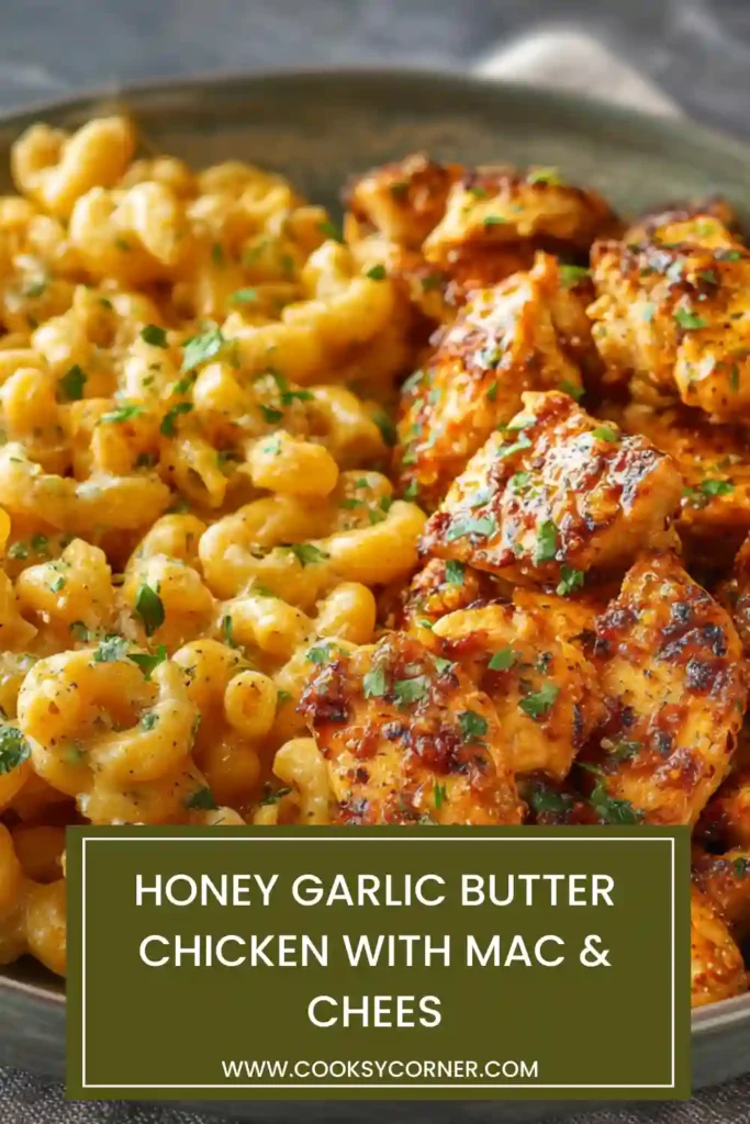 Honey garlic butter chicken served with creamy mac and cheese in a bowl.