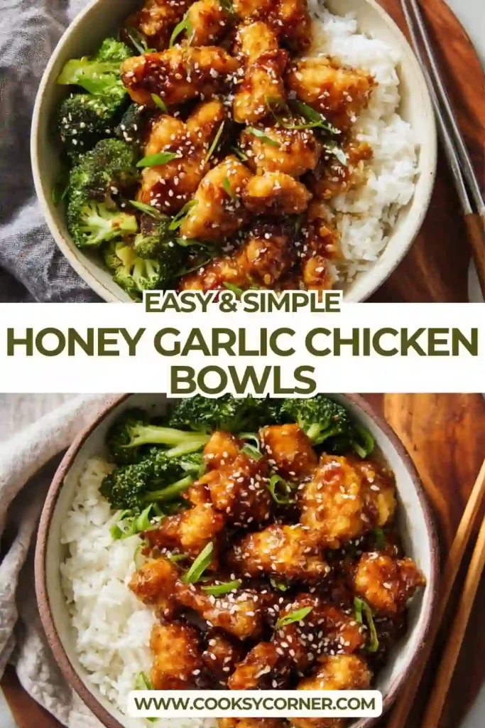 Close-up of honey garlic chicken over fluffy rice with roasted broccoli on the side. A balanced and flavorful homemade meal.