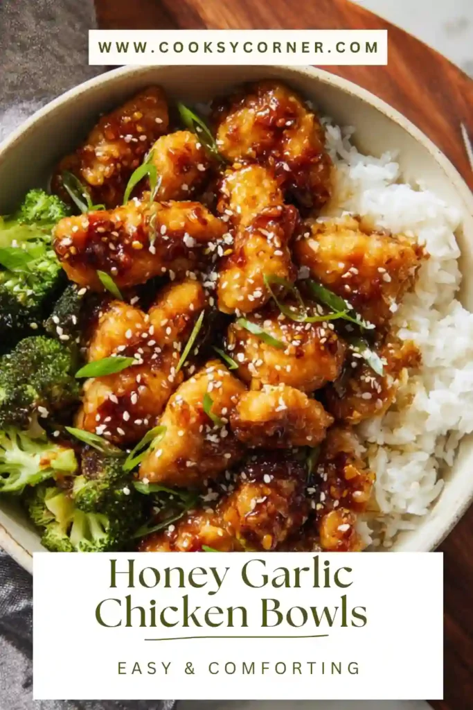 Crispy honey garlic chicken bowls served with rice and roasted broccoli in a white bowl. The chicken is golden and coated in a glossy garlic sauce.