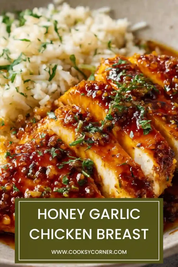 Pan-seared Honey Garlic Chicken Breast resting in a rich garlic butter honey sauce. The sauce is shiny and slightly thickened.