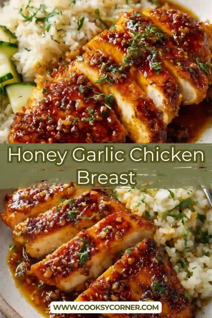 Close-up of sweet and savory Honey Garlic Chicken Breast topped with fresh herbs and drizzled in thick honey garlic glaze. Perfect weeknight dinner idea.