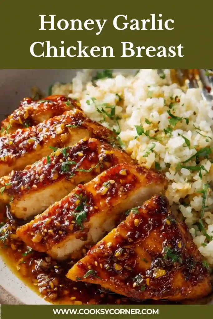 Honey Garlic Chicken Breast served in a skillet with glossy honey garlic sauce coating each golden-brown piece. The chicken looks tender and juicy with caramelized edges.