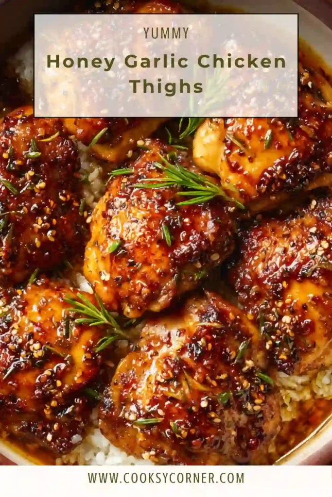 Close-up of juicy Honey Garlic Chicken Thighs coated in a sweet savory garlic sauce with caramelized edges.