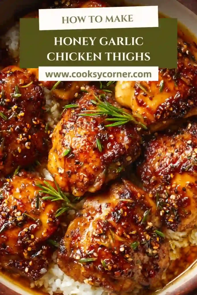 Honey Garlic Chicken Thighs baked until golden brown with a sticky garlic honey glaze, served with rice and vegetables.