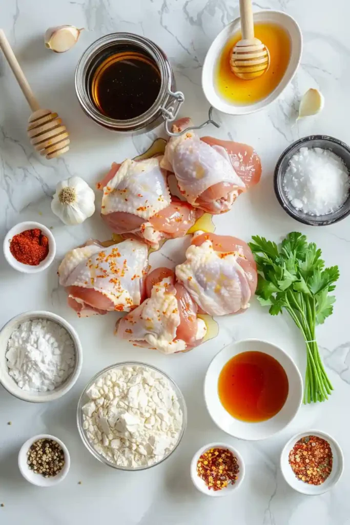 Freshly cooked Honey Garlic Chicken Thighs in a baking dish with thick glossy garlic honey coating.