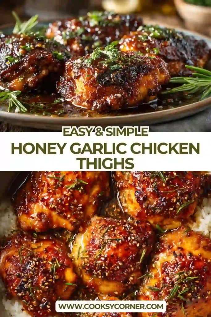 Oven baked chicken thighs glazed with honey and garlic sauce, plated with steamed rice and greens.