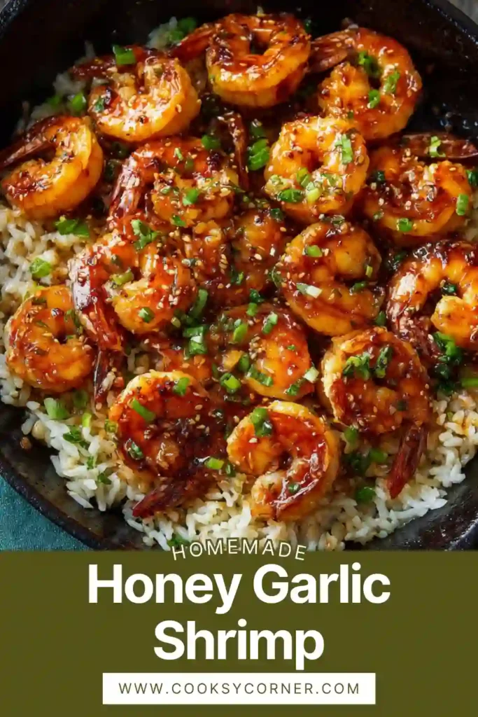 Close-up of honey garlic shrimp served over rice with green onion garnish.