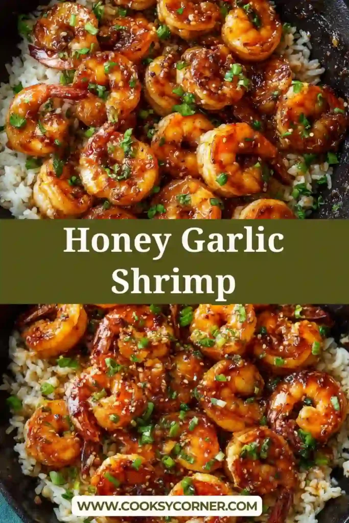 Honey garlic shrimp cooked in a skillet with glossy sweet garlic sauce.