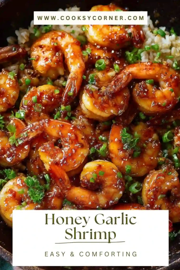 Honey garlic shrimp cooked in a skillet and garnished with green onions.