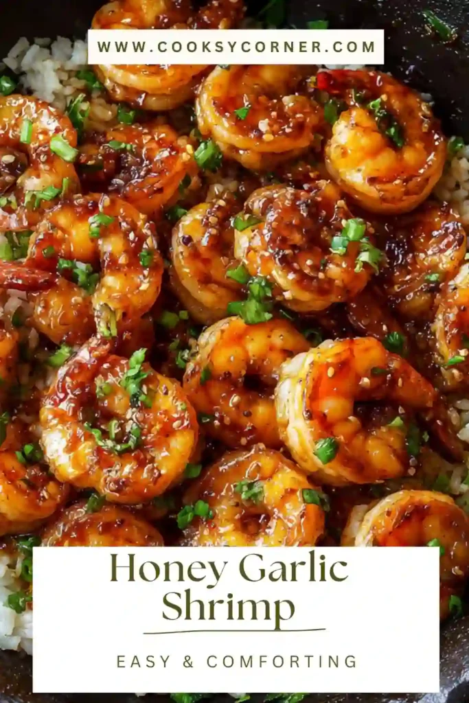 Skillet honey garlic shrimp coated in a rich sweet and savory sauce.