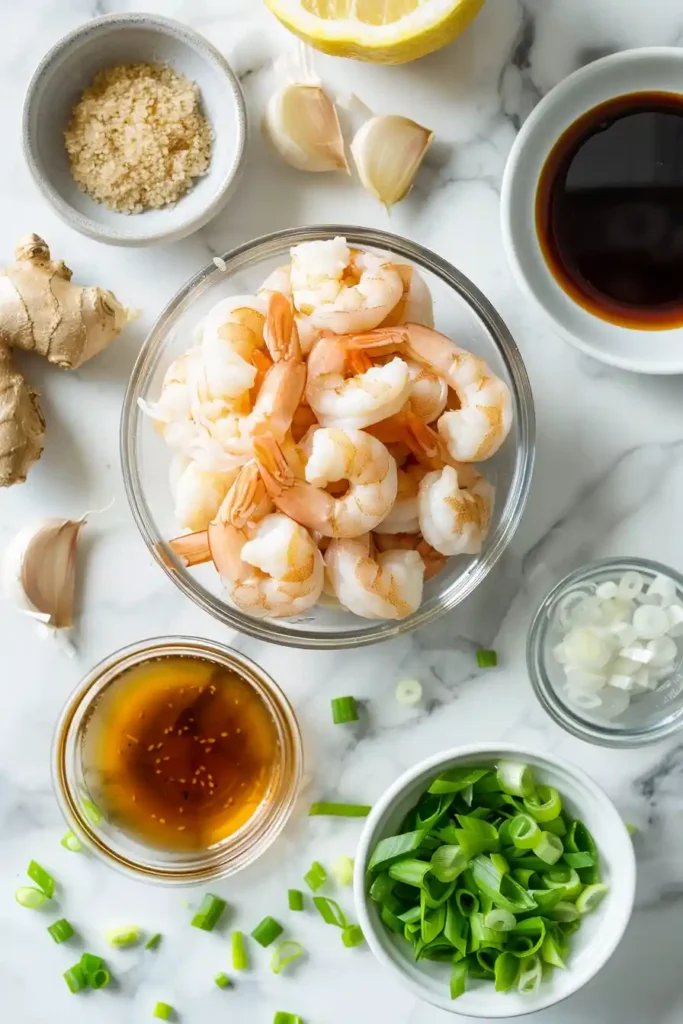 Healthy honey garlic shrimp dinner with rice and steamed vegetables.