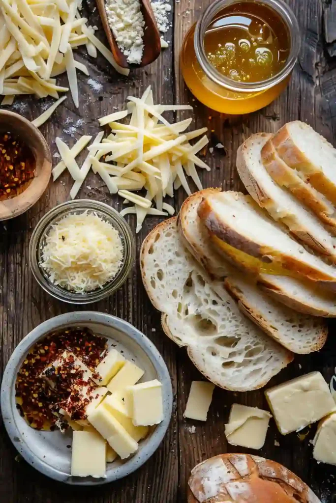 Crispy sourdough honey grilled cheese with golden crust and melted cheese filling on a wooden board.