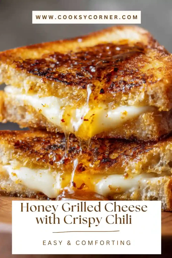 Close-up of a honey grilled cheese showing gooey melted cheese and a drizzle of honey inside crispy toasted bread.