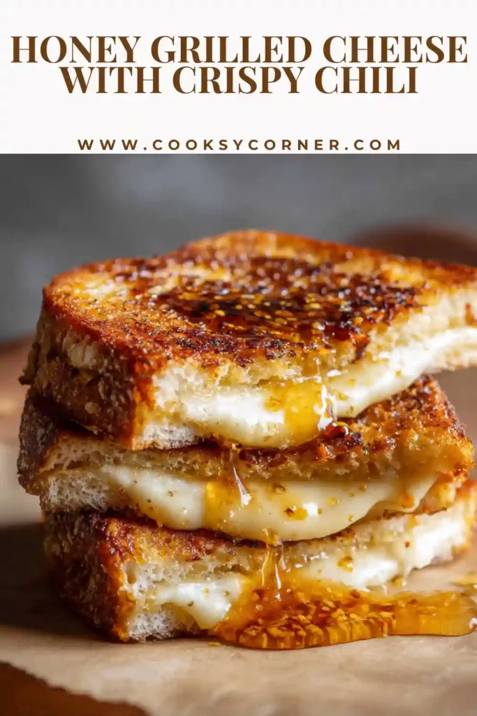 A golden honey grilled cheese sandwich with melted gouda and chili oil on crispy sourdough bread, sliced in half and served warm.