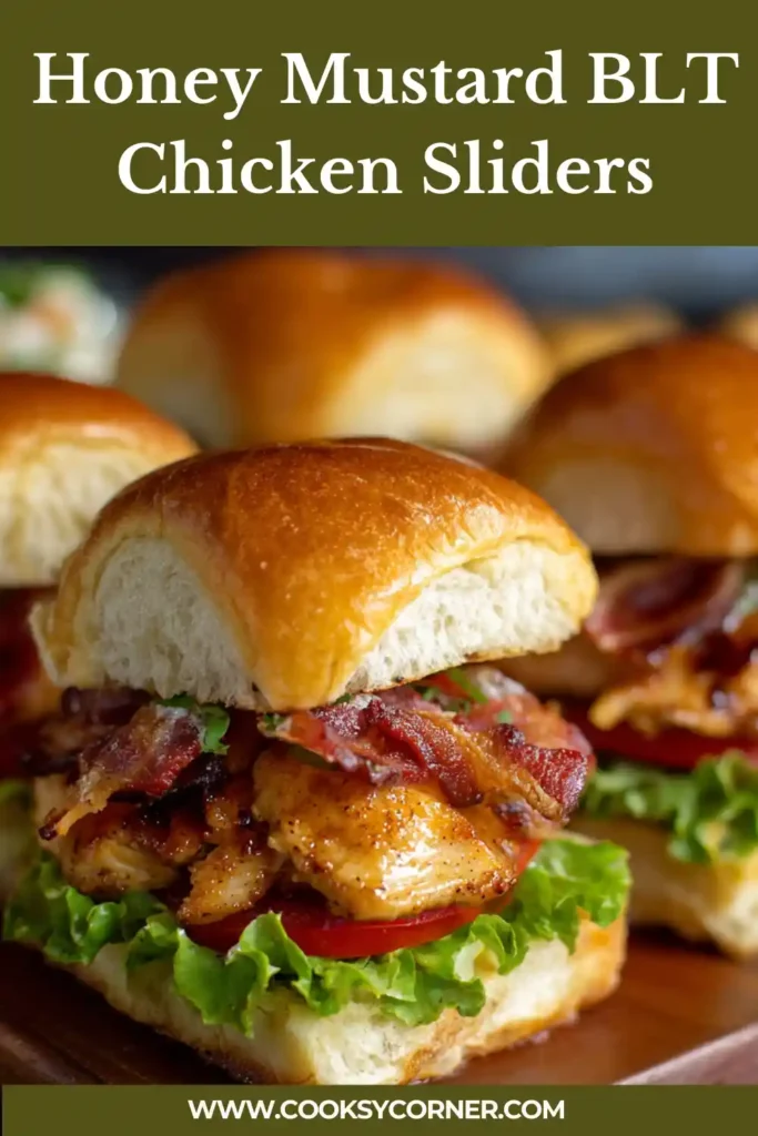 Mini chicken BLT sliders topped with honey mustard sauce and fresh vegetables.
