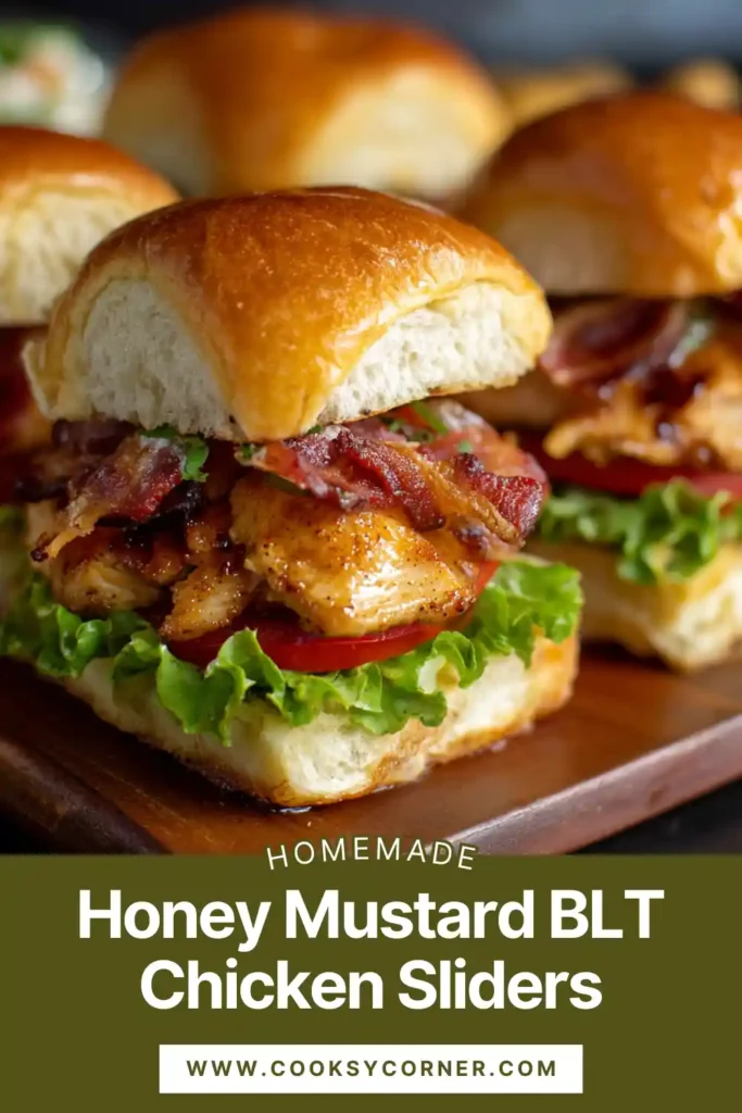 Close-up of Honey Mustard BLT Chicken Sliders stacked on toasted buns with cheese and bacon.