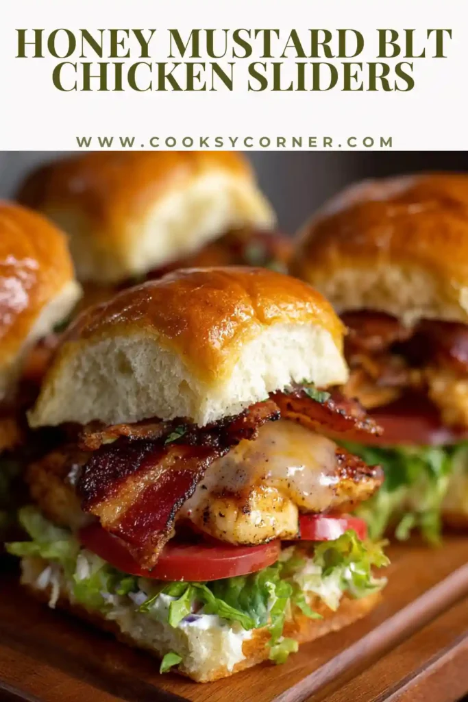 Honey Mustard BLT Chicken Sliders with grilled chicken, turkey bacon, lettuce, tomato, and honey mustard sauce.