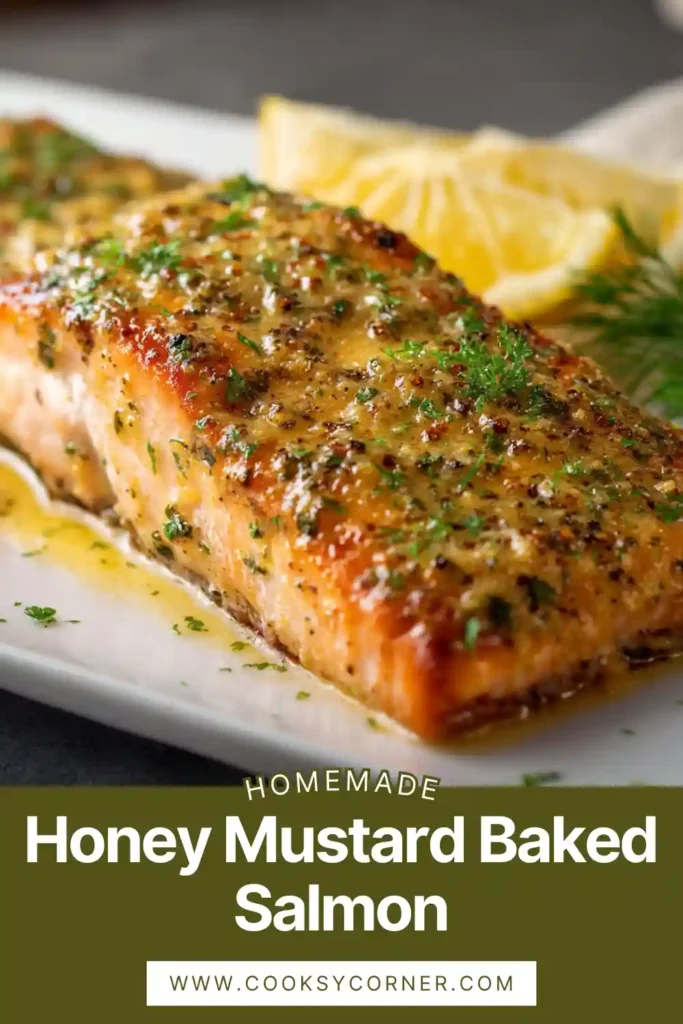 Oven baked salmon with honey mustard glaze served on a baking sheet with lemon slices.