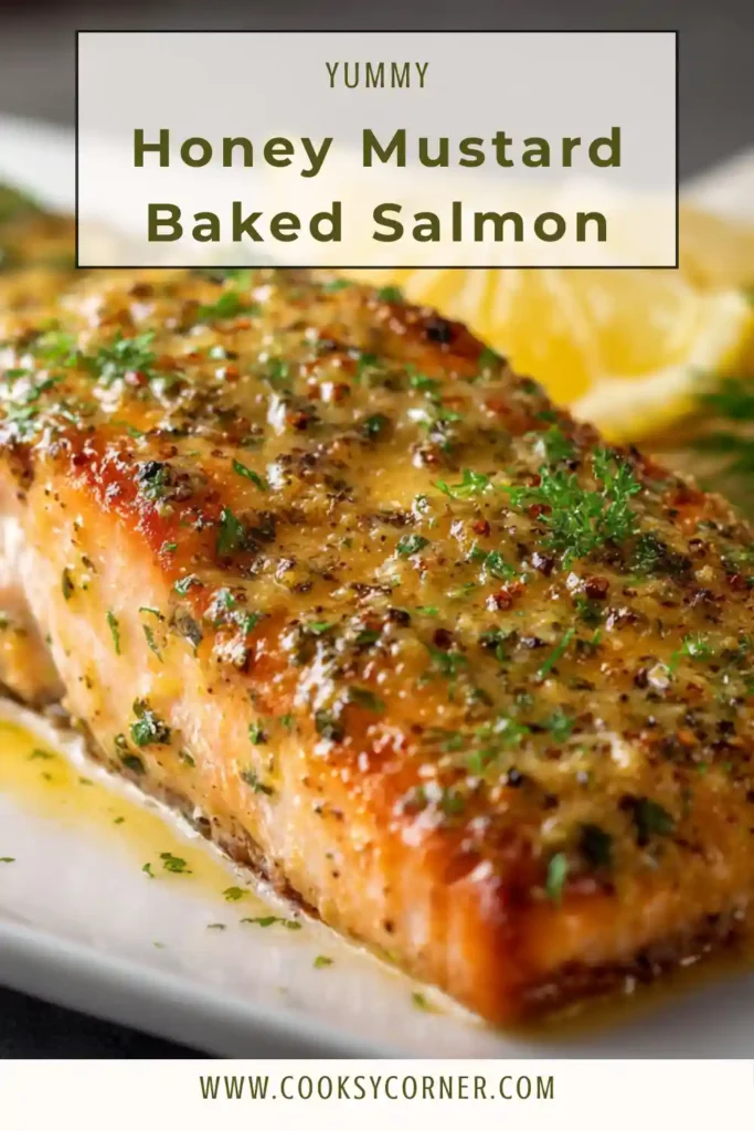 Honey mustard baked salmon fillets glazed with garlic honey mustard sauce and fresh dill.