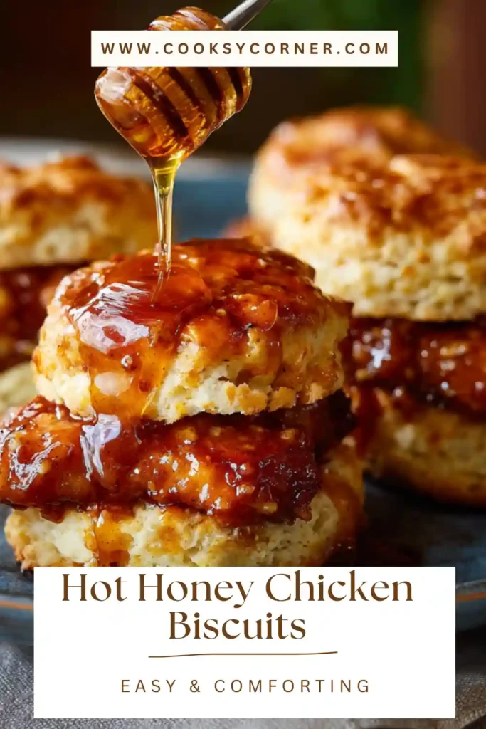 Close-up of homemade hot honey chicken biscuits showing crunchy fried chicken and glossy honey glaze.