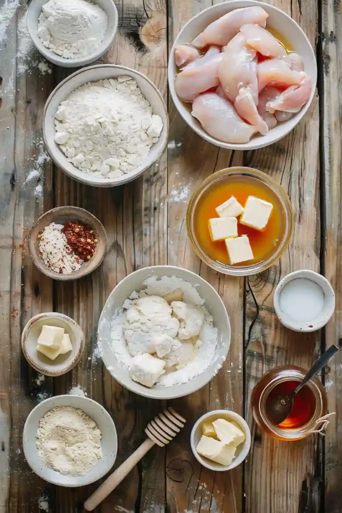 Freshly made hot honey chicken biscuits with sweet and spicy glaze and flaky biscuit texture.