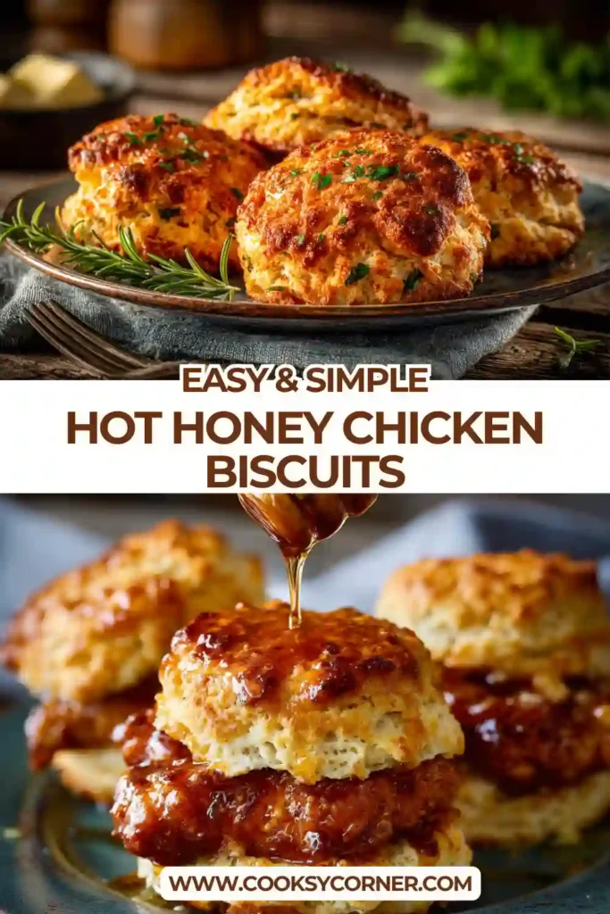 Crispy hot honey chicken biscuits served on a plate with golden fried chicken and fluffy buttermilk biscuits drizzled in spicy honey.